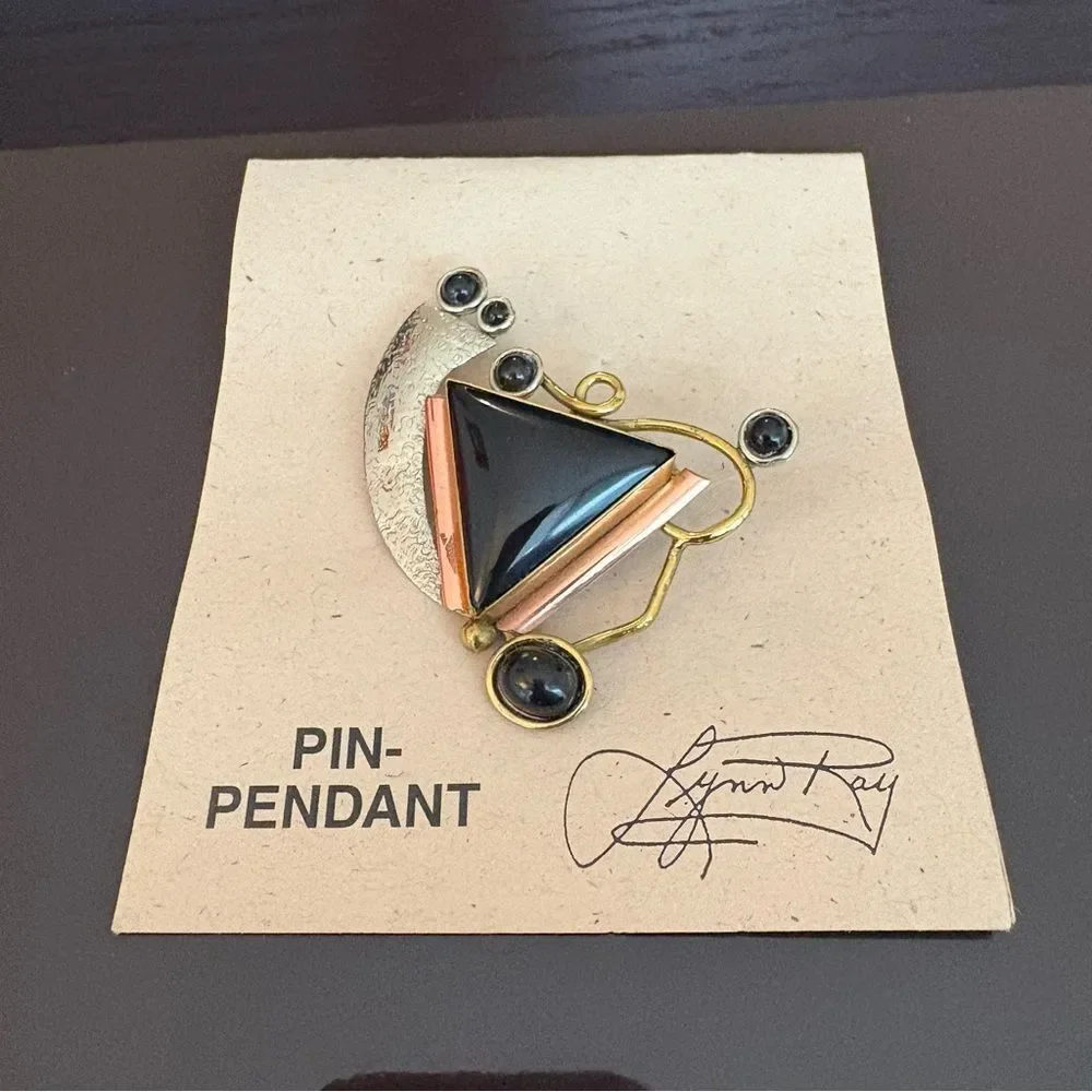 Artisan Onyx Stone & Mixed Metal Geometric Brooch - Picture 2 of 7